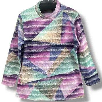 하이넥 기하학 패턴 튜닉 상의 티셔츠 보더 프린트