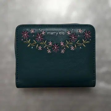 블루그린 계통 2단 접이식 지갑 인조 가죽 꽃무늬 자수