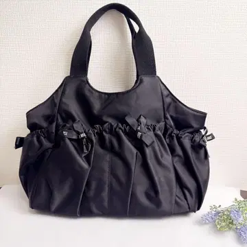 PINK HOUSE 개더 장식 블랙 핸드백 리본 귀여움