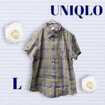 유니클로 반팔 셔츠 앞 버튼 체크 올 패턴 레인보우 컬러 체형 커버 L