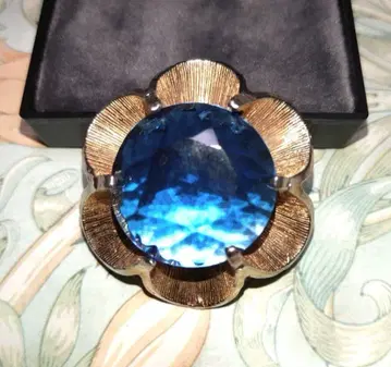 블루 유리 플라워 빈티지 브로치 골드