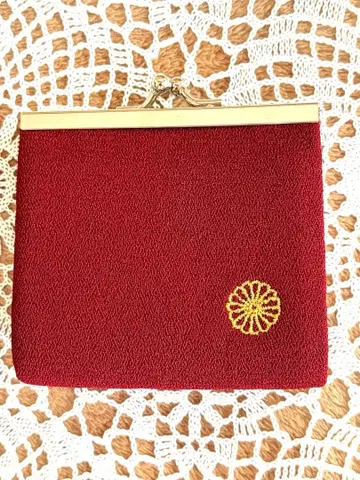 [ 미사용 ] 황실 패브릭 소재 가마구치 지갑 와인 레드 문양 자수 포함