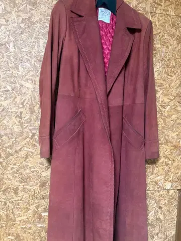 소가죽 적갈색 스웨이드풍 롱 코트 쇼와 레트로