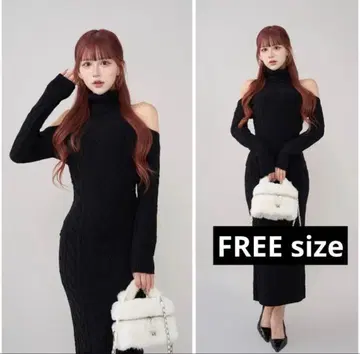 다리치 오픈 숄더 케이블 니트 롱 원피스