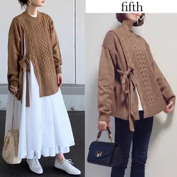 피프스 사이드 리본 니트 케이블 브라운