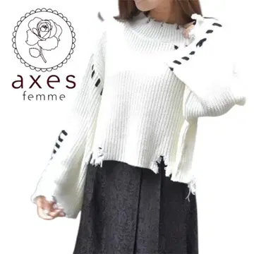 axes femme 스티치 데미지 니트 스웨터 레이스업 숏 기장