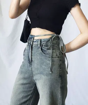 컷 아웃 사이드 리본 워시 스트레이트 데님