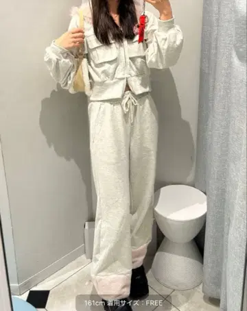 ZIP 후드티 퍼 포함 스웨트 팬츠 셋업 올리브 올리브