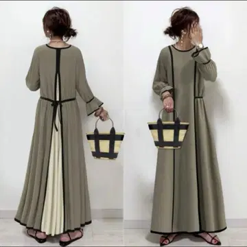 카키 롱 원피스 벨 슬리브 가을/겨울 고급