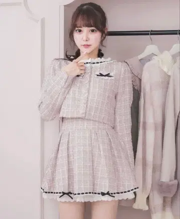 pium 코튼 프릴 트위드 자켓 스커트