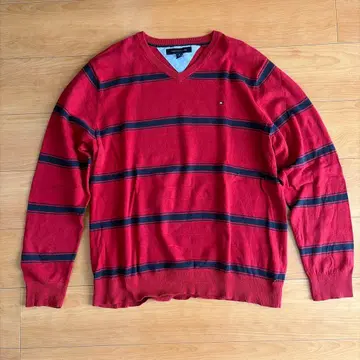 TOMMY HILFIGER 빨검 스트라이프 V넥 스웨터 XL