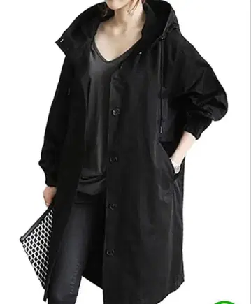 블랙 후드 부착 롱 코트