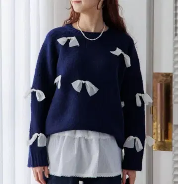 플라워 에어리 리본 니트 네이비