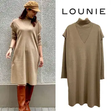 LOUNIE 터틀 니트 플러스 롱 니트 베스트 레이어드 원피스 베이지