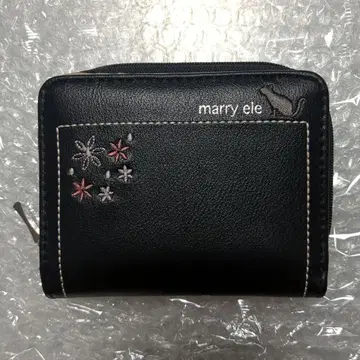 블랙 미사용 새상품 2단 접이식 지갑 인조 가죽 고양이 꽃무늬 자수