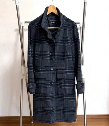 스탠드 칼라 코트 체크 무늬