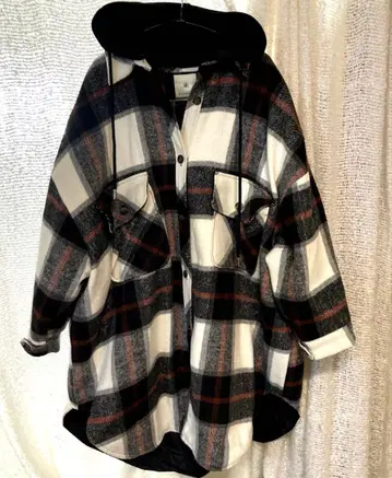 BITTOKO 후드 부착 체크 무늬 롱 자켓