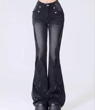 빈티지 하이웨스트 스타 장식 페미닌 플레어 데님 팬츠 XS