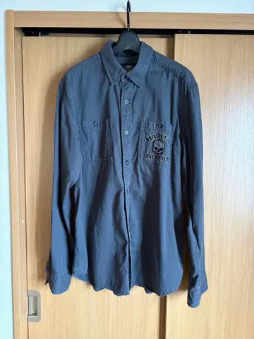 Harley-Davidson 구제 의류 스컬 자수 긴팔 셔츠 그레이