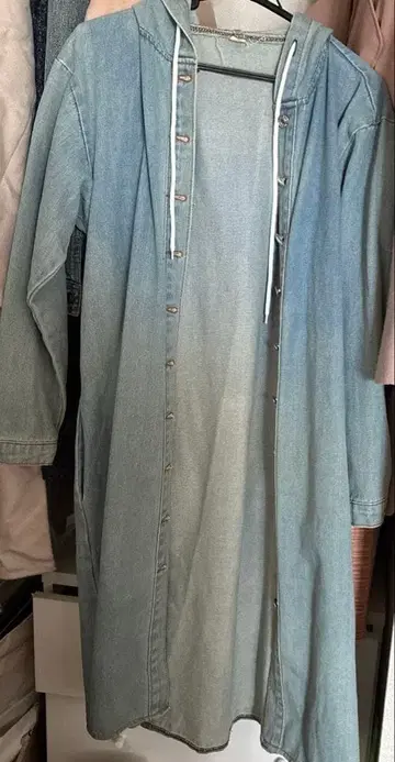 데님 아우터 롱 데님 코트 후드 부착