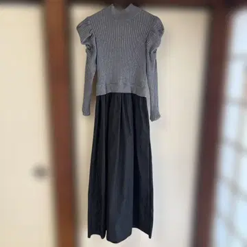 그레이 리브 퍼프 슬리브 롱 원피스