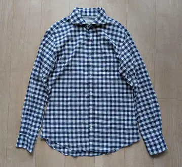 쉽스 깅엄 체크 셔츠 L 블루 와이드 칼라
