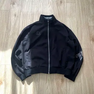Champion 트랙 자켓 Y2K 테크 블랙 자수 로고 짧은 기장 L