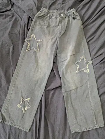 그레이 별 모양 자수 와이드 팬츠 S