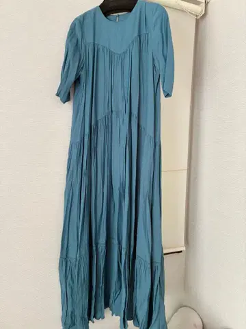 파랑 플레어 롱 원피스 7부 소매