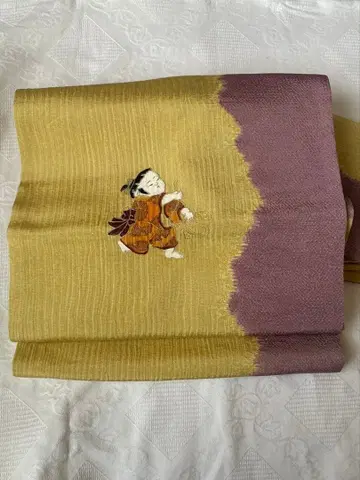 나고야 오비 노랑보라 그라데이션 동자 자수