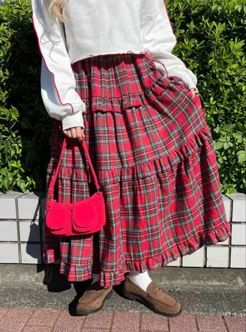 W C 체크 티어드 롱 스커트