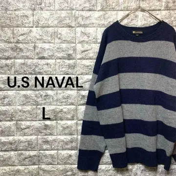 U.S NAVAL 남성용 니트 스웨터 보더 무늬 그레이 x 네이비 L