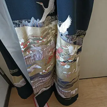 블랙 전모 기모노 학 패턴