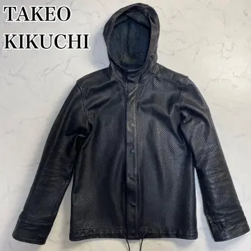 다케오 키쿠치 후드티 L 펀칭 가죽 블랙 단추식 소가죽