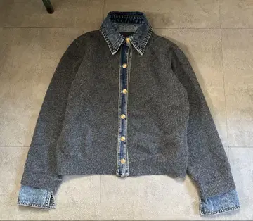 데님 절개 페이크 레이어드 니트 가디건