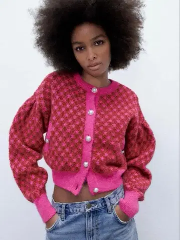 ZARA 핑크 체크 니트 가디건