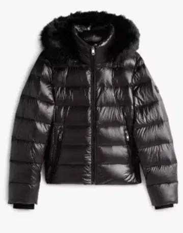 TOMMY HILFIGER 퍼 달린 반질반질 다운 블랙