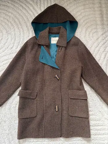 후드 부착 울 코트 브라운 터콰이즈