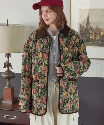 MONO-MART 고블랑 꽃무늬 코듀로이 배색 충전솜 퀼팅 자켓