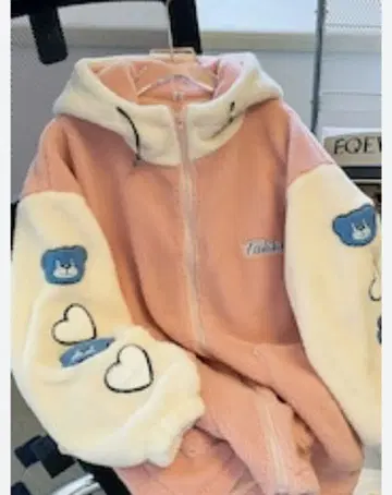 곰 자수 플리스 후드티 핑크/화이트