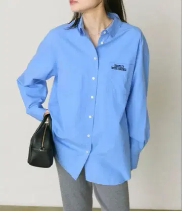 [ 택 포함 새상품 ] 퓨어세신 코튼 리오셀 로고 자수 셔츠 블루