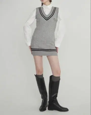 Epine 그레이 니트 롱 베스트 V넥