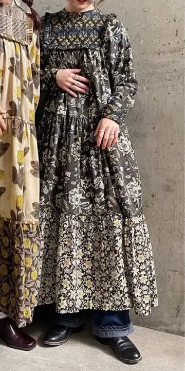 saruche 인도 면 프린트 원피스 사루체 블루 그레이