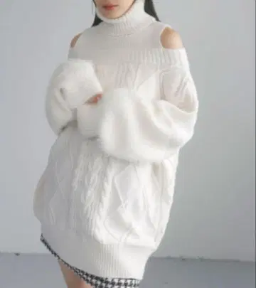 vis 오프숄더 케이블 짜임 미니 원피스 화이트