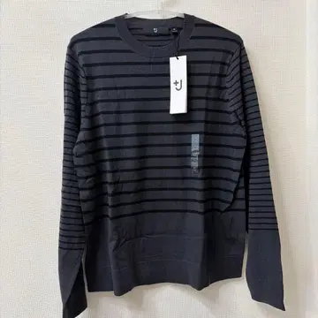 유니클로 +J 메리노 블렌드 다크 그레이 스트라이프 크루넥 스웨터 M