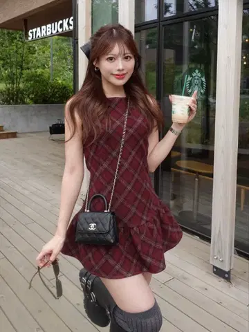 다리치 타탄 체크 슬리브리스 미니 원피스