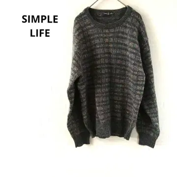 심플 라이프 니트 스웨터 긴팔 체크 무늬 그레이 M