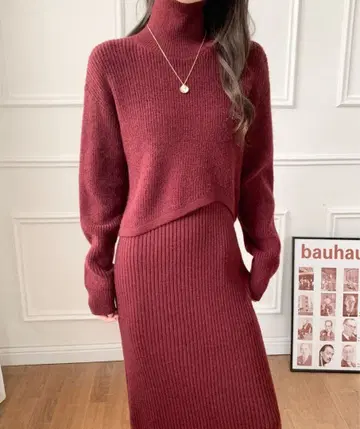 버건디 니트 원피스 세트