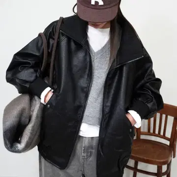 [ gossara ] 스탠드 칼라 인조 가죽 블루종