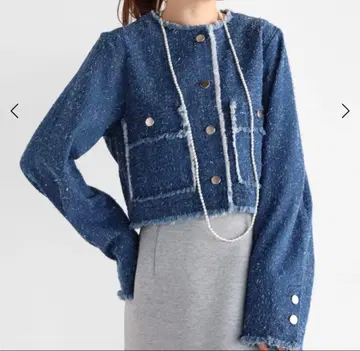 트위드 프린지 노카라 데님 자켓 Vin 블루